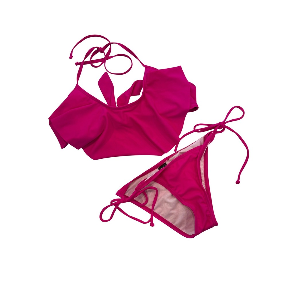 The Fille Hot Pink Ruffle Halter Bikini Set Two‎ Piece Swimsuit S/M